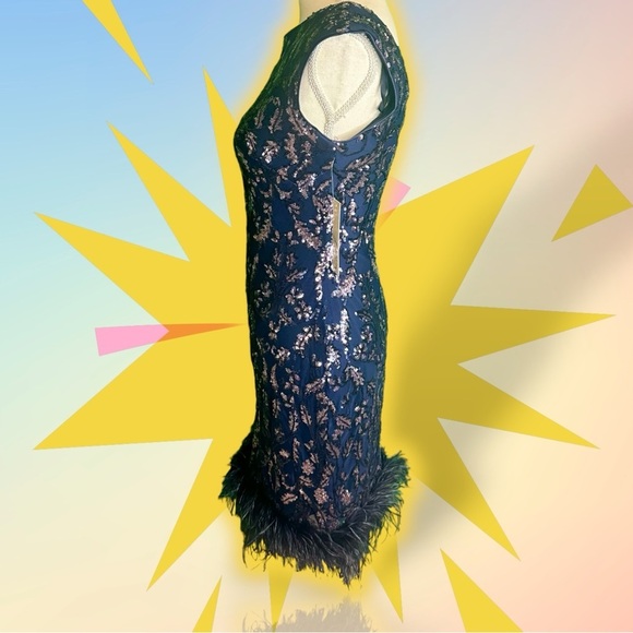 NWT Eliza J Navy Blue ‘Sequin Boat Neck Sleeveless Feather Trim Sheath Dress’ 6 - Picture 9 of 14